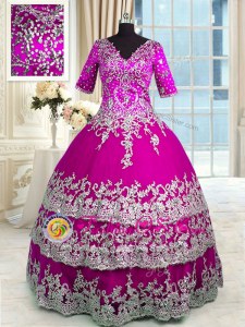 Customized Beading and Appliques and Ruffled Layers Quinceanera Dresses Fuchsia Zipper Half Sleeves