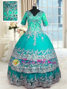 Fantastic Satin V-neck Half Sleeves Zipper Beading and Lace and Appliques and Ruffled Layers Sweet 16 Dress in Turquoise