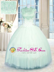 Hot Sale Apple Green Quinceanera Dresses Military Ball and Sweet 16 and Quinceanera and For with Beading High-neck Sleeveless Zipper