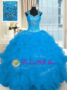 Colorful Floor Length Ball Gowns Cap Sleeves Aqua Blue Ball Gown Prom Dress Lace Up