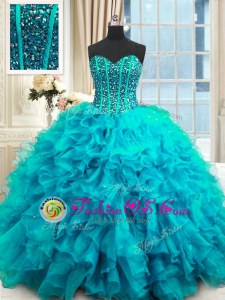 Free and Easy Baby Blue Ball Gowns Beading and Ruffles Quince Ball Gowns Lace Up Organza Sleeveless Floor Length