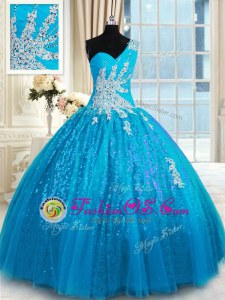 Clearance One Shoulder Baby Blue Tulle and Sequined Lace Up Quince Ball Gowns Sleeveless Floor Length Appliques