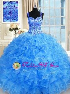 High Quality Baby Blue Lace Up Sweetheart Beading and Embroidery and Ruffles Quinceanera Dresses Organza Sleeveless