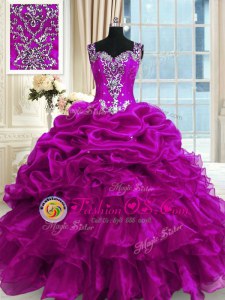 Sleeveless Organza Floor Length Lace Up Quinceanera Dresses in Fuchsia for with Beading and Ruffles and Pick Ups