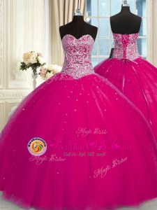 Halter Top Fuchsia Tulle Lace Up Quince Ball Gowns Sleeveless Floor Length Beading and Sequins