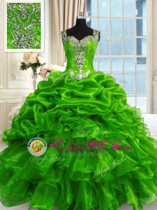 Sleeveless Organza Floor Length Lace Up Quinceanera Gowns in Green for with Beading and Ruffles and Pick Ups
