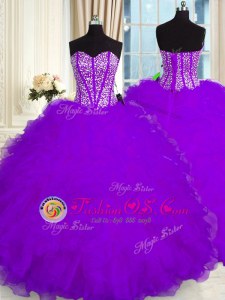 Sweetheart Sleeveless Sweet 16 Quinceanera Dress Floor Length Beading and Ruffles Purple Organza