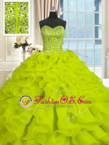 Yellow Green 15 Quinceanera Dress Military Ball and Sweet 16 and Quinceanera and For with Beading and Ruffles Sweetheart Sleeveless Brush Train Lace Up