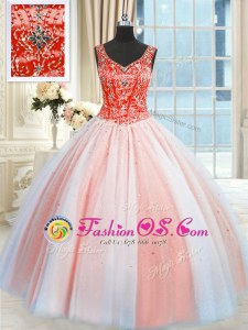 Popular Multi-color Tulle Lace Up V-neck Sleeveless Floor Length 15th Birthday Dress Beading and Sequins