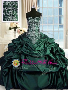 Graceful Floor Length Zipper Sweet 16 Quinceanera Dress Dark Green and In for Military Ball and Sweet 16 and Quinceanera with Beading and Embroidery and Pick Ups