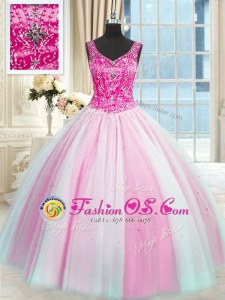 Suitable Baby Pink and Pink And White V-neck Neckline Beading Sweet 16 Quinceanera Dress Sleeveless Lace Up