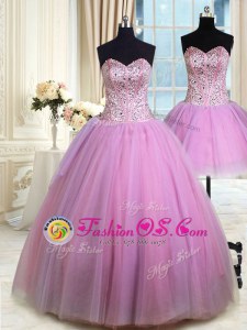 Extravagant Three Piece Lilac Lace Up Sweetheart Beading Sweet 16 Quinceanera Dress Tulle Sleeveless