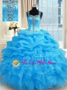 Admirable Sleeveless Organza Floor Length Zipper Quinceanera Dresses in Baby Blue for with Beading