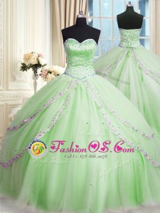 Affordable Apple Green Sleeveless Tulle Court Train Lace Up Quinceanera Dresses for Military Ball and Sweet 16 and Quinceanera