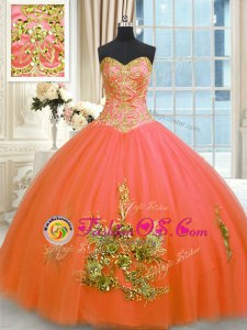 Ball Gowns Vestidos de Quinceanera Orange Red Sweetheart Tulle Sleeveless Floor Length Lace Up