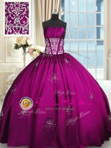 Adorable Sleeveless Floor Length Beading and Appliques and Ruching Lace Up Quinceanera Gown with Fuchsia