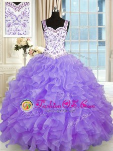 Lavender Ball Gowns Beading and Appliques and Ruffles Quinceanera Gowns Lace Up Organza Sleeveless Floor Length