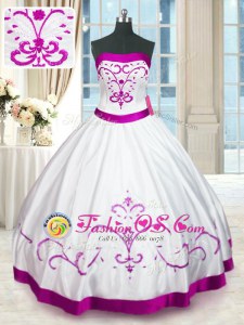 White Ball Gowns Beading and Embroidery and Belt Quince Ball Gowns Lace Up Satin Sleeveless Floor Length