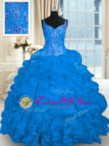 Blue Organza Lace Up Quince Ball Gowns Sleeveless Brush Train Beading and Embroidery and Ruffles and Pick Ups
