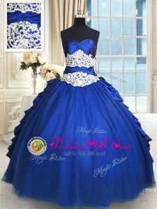 Cheap Royal Blue Lace Up Ball Gown Prom Dress Beading and Lace and Appliques and Ruffles and Pick Ups Sleeveless Floor Length