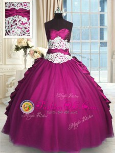 Fine Sweetheart Sleeveless Quince Ball Gowns Floor Length Beading and Lace and Ruching and Pick Ups Fuchsia Taffeta and Tulle
