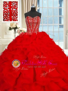 Red Ball Gowns Beading and Ruffles Quinceanera Gown Lace Up Organza Sleeveless With Train