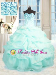 Exceptional Aqua Blue Sleeveless Organza Lace Up Quinceanera Dress for Military Ball and Sweet 16 and Quinceanera