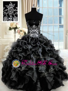 Floor Length Lace Up Sweet 16 Quinceanera Dress Black and In for Military Ball and Sweet 16 and Quinceanera with Beading and Ruffles