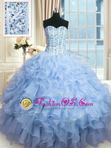 Beading and Ruffles and Sequins Quinceanera Gown Light Blue Lace Up Sleeveless Floor Length