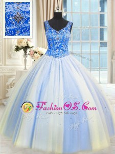 Low Price Sleeveless Tulle Floor Length Lace Up Quinceanera Gown in Blue And White for with Beading and Sequins