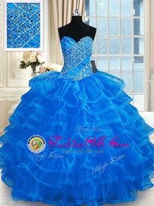 Hot Sale Blue Sweetheart Neckline Beading and Ruffled Layers Sweet 16 Quinceanera Dress Sleeveless Lace Up