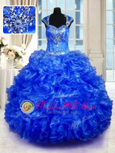Inexpensive Aqua Blue Cap Sleeves Beading and Ruffles Floor Length 15 Quinceanera Dress