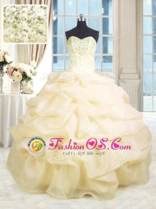 Enchanting Champagne Sleeveless Floor Length Beading and Ruffles Lace Up Ball Gown Prom Dress