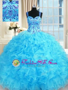 Baby Blue Sleeveless Organza Lace Up 15th Birthday Dress for Military Ball and Sweet 16 and Quinceanera