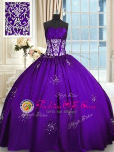 Taffeta Sweetheart Sleeveless Lace Up Beading and Appliques and Ruching Quinceanera Gown in Purple