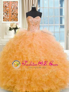 Orange Ball Gowns Tulle Strapless Sleeveless Beading and Ruffles Floor Length Lace Up Quinceanera Dresses
