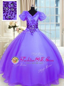 Cheap Ball Gowns Vestidos de Quinceanera Lavender V-neck Organza Short Sleeves Floor Length Lace Up
