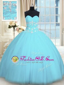 Exquisite Tulle Sweetheart Sleeveless Lace Up Appliques Quinceanera Dress in Light Blue