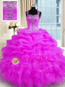 Captivating Fuchsia Sleeveless Beading and Ruffled Layers Floor Length Quinceanera Gown