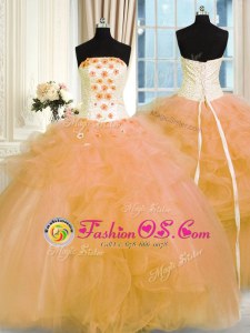 Tulle Strapless Sleeveless Lace Up Hand Made Flower Quinceanera Gown in Gold