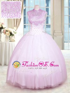 Lilac Ball Gowns High-neck Sleeveless Tulle Floor Length Zipper Beading Quinceanera Dress