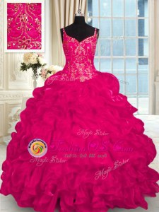 Hot Pink Sleeveless Brush Train Beading and Embroidery and Ruffles Quinceanera Dress