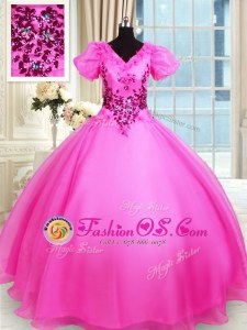 High End Hot Pink Short Sleeves Organza Lace Up Quinceanera Gown for Military Ball and Sweet 16 and Quinceanera