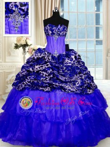 Fine Sweetheart Sleeveless Organza and Printed Sweet 16 Quinceanera Dress Beading and Ruffled Layers and Sequins Sweep Train Lace Up