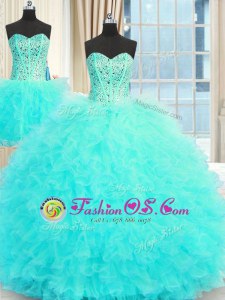 Latest Three Piece Floor Length Aqua Blue Quinceanera Dress Strapless Sleeveless Lace Up