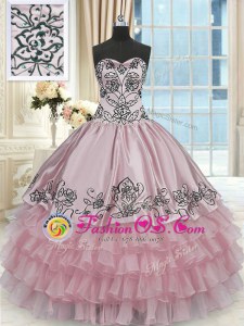 Sweetheart Sleeveless Organza and Taffeta Quince Ball Gowns Beading and Embroidery and Ruffled Layers Lace Up