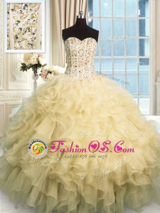 Flare Champagne Ball Gowns Beading and Ruffles Sweet 16 Quinceanera Dress Lace Up Organza Sleeveless Floor Length