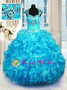 Hot Sale Organza Cap Sleeves Floor Length 15th Birthday Dress and Beading and Ruffles
