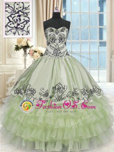 Shining Sleeveless Organza and Taffeta Floor Length Lace Up Ball Gown Prom Dress in Yellow Green for with Beading and Embroidery and Ruffled Layers