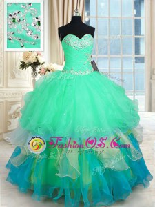 Artistic Four Piece Sweetheart Sleeveless Sweet 16 Dresses Floor Length Beading and Ruffles and Ruching Red Organza